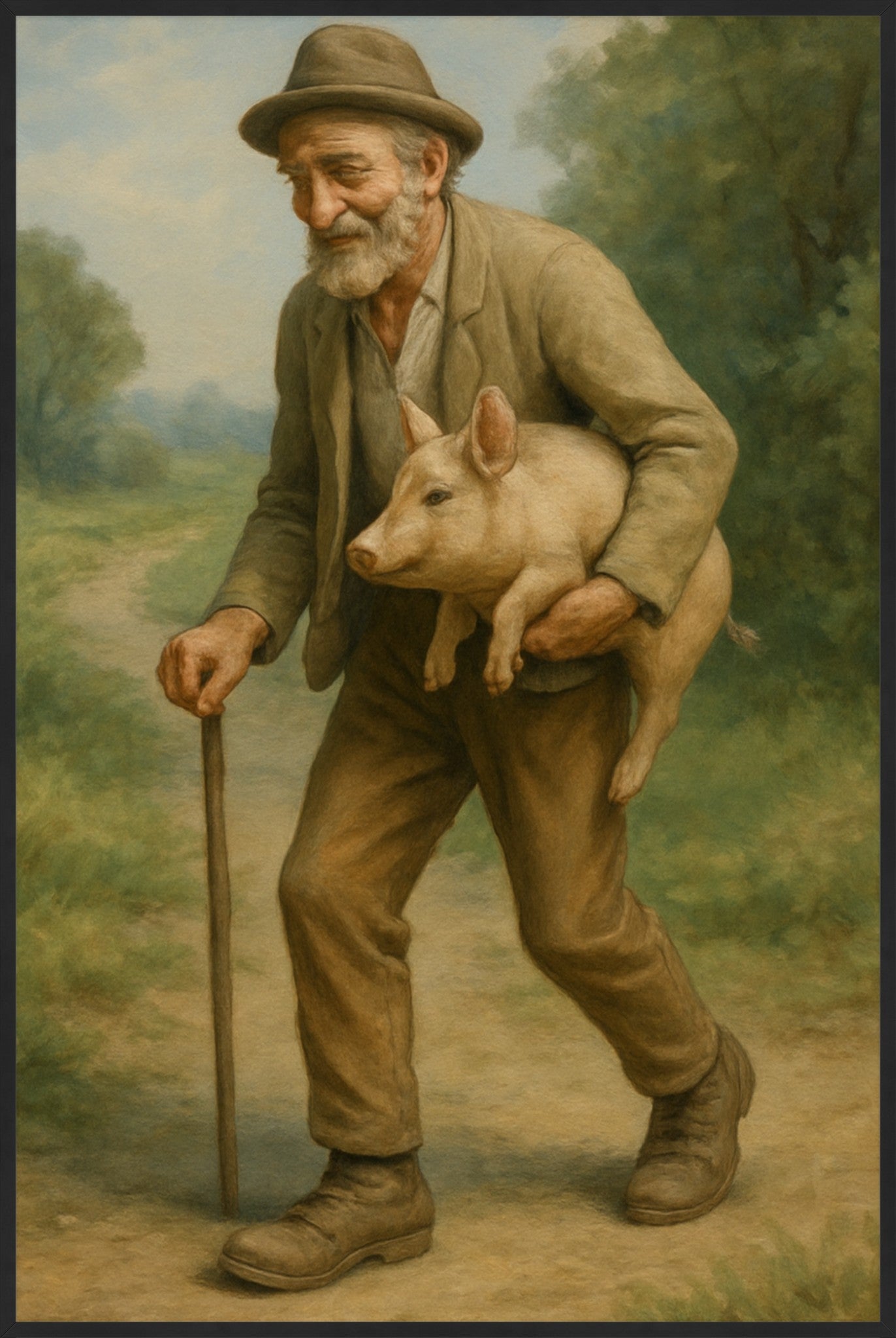 The Old Man and the Pig - Folk Art Painting