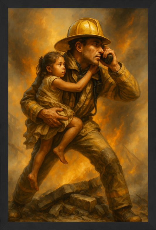 Courage in the Flames – Heroic Firefighter Rescue Painting (Fine Art Print)