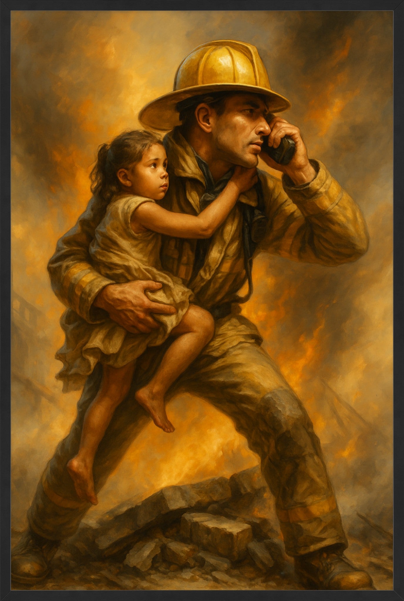 Courage in the Flames – Heroic Firefighter Rescue Painting (Fine Art Print)
