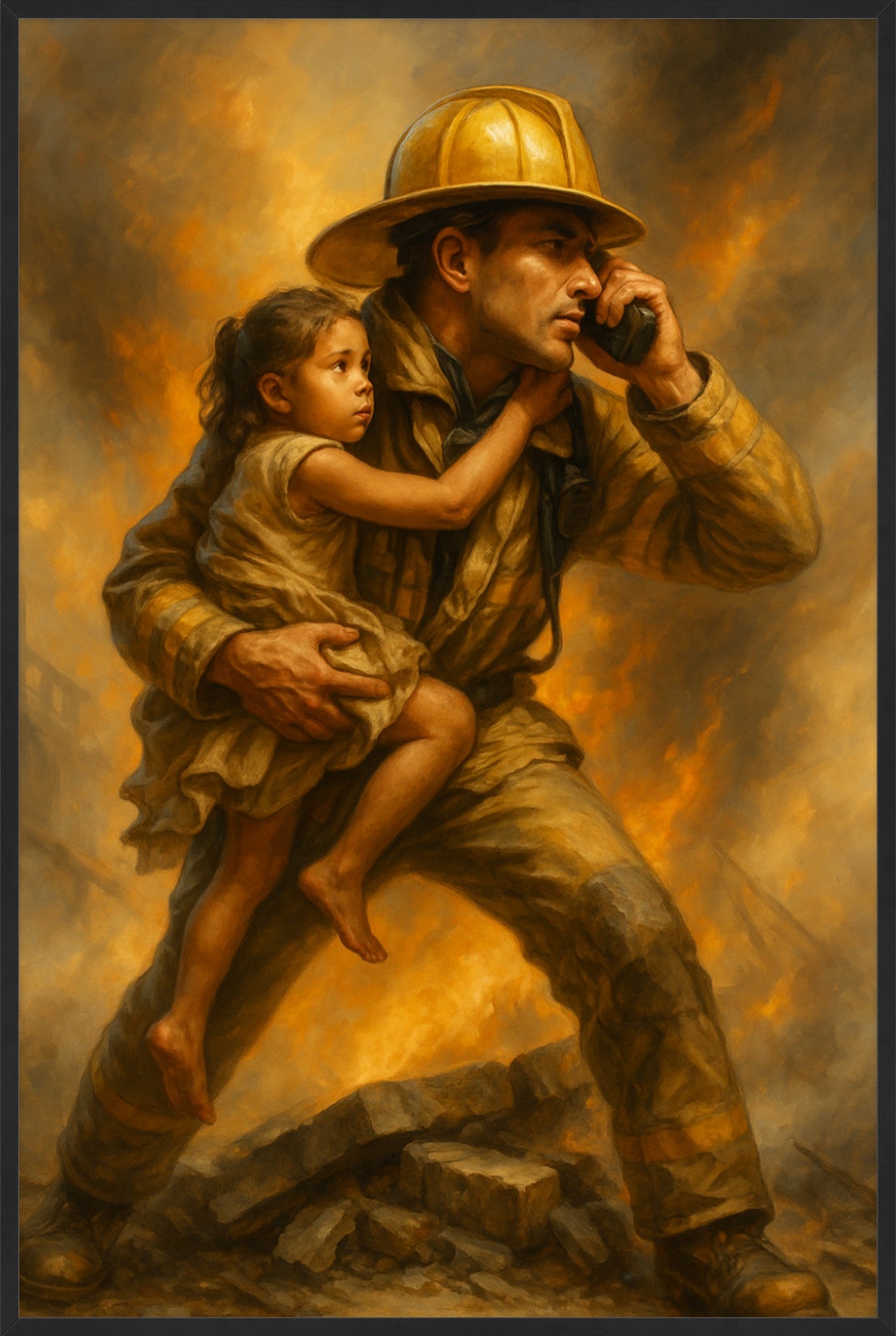 Courage in the Flames – Heroic Firefighter Rescue Painting (Fine Art Print)