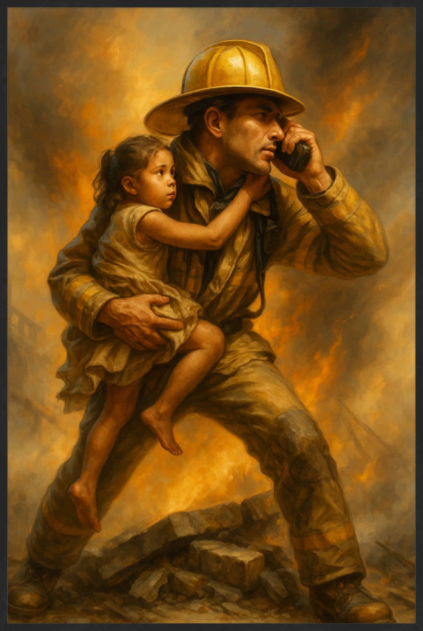Courage in the Flames – Heroic Firefighter Rescue Painting (Fine Art Print)