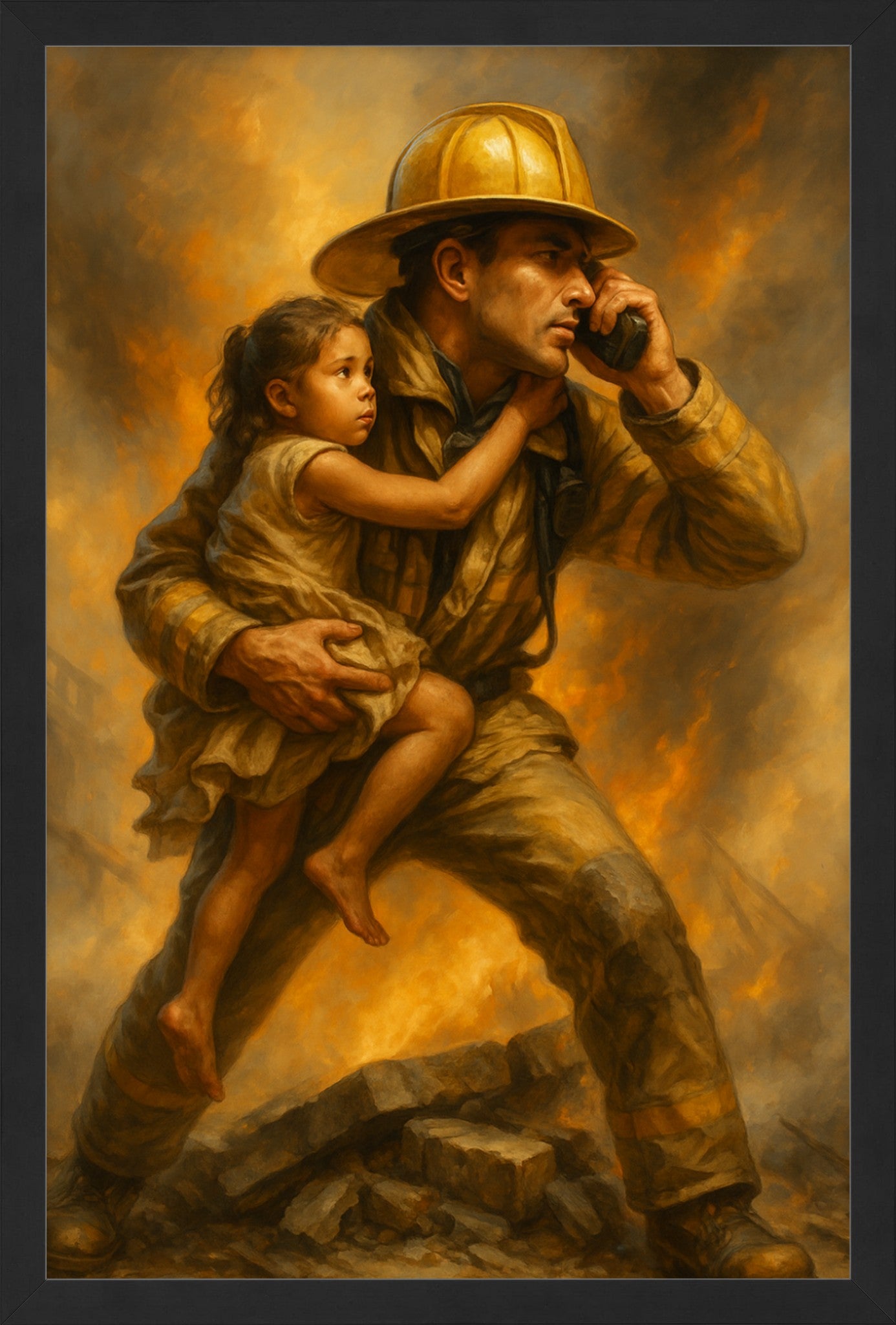 Courage in the Flames – Heroic Firefighter Rescue Painting (Fine Art Print)
