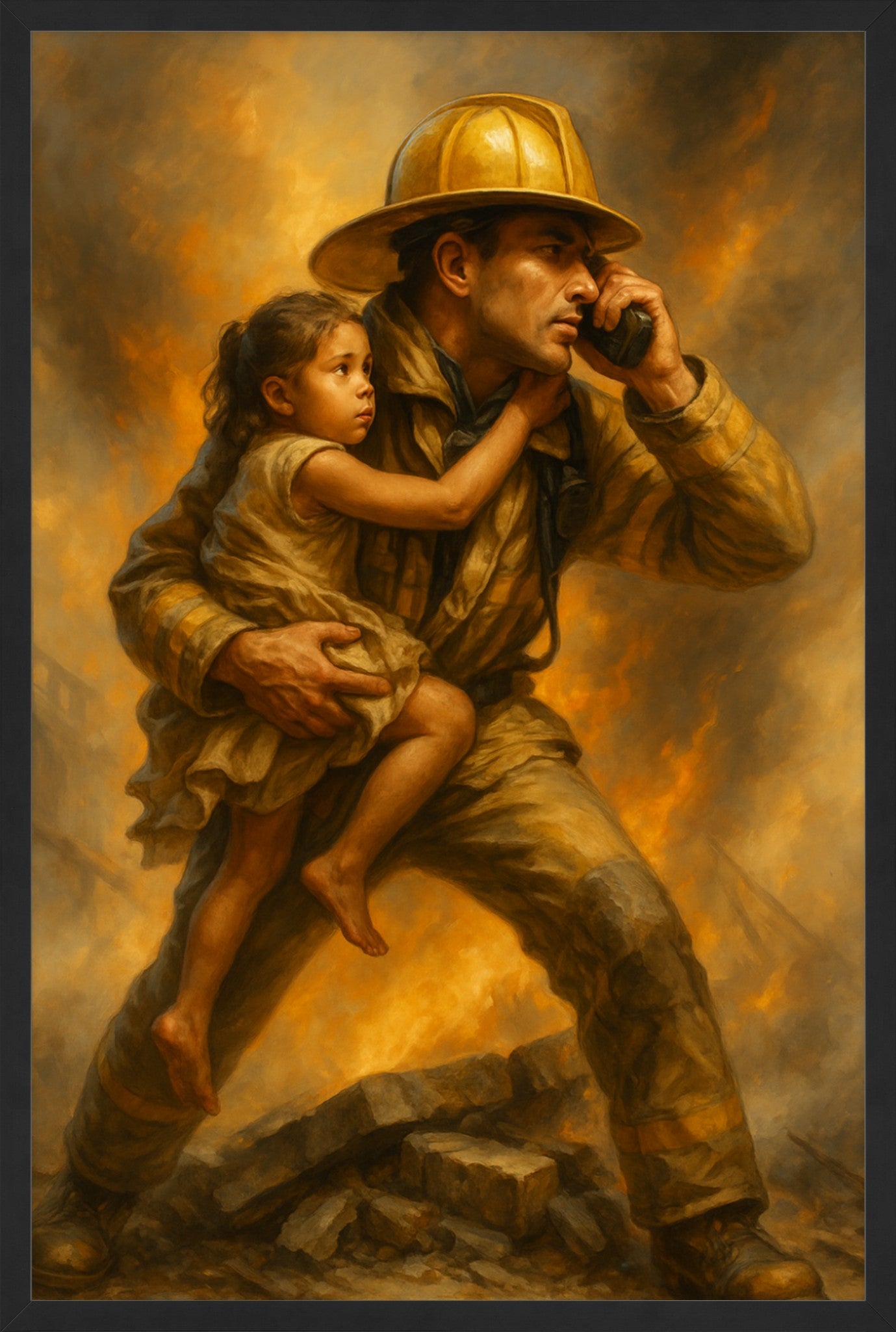 Courage in the Flames – Heroic Firefighter Rescue Painting (Fine Art Print)