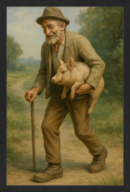 The Old Man and the Pig - Folk Art Painting