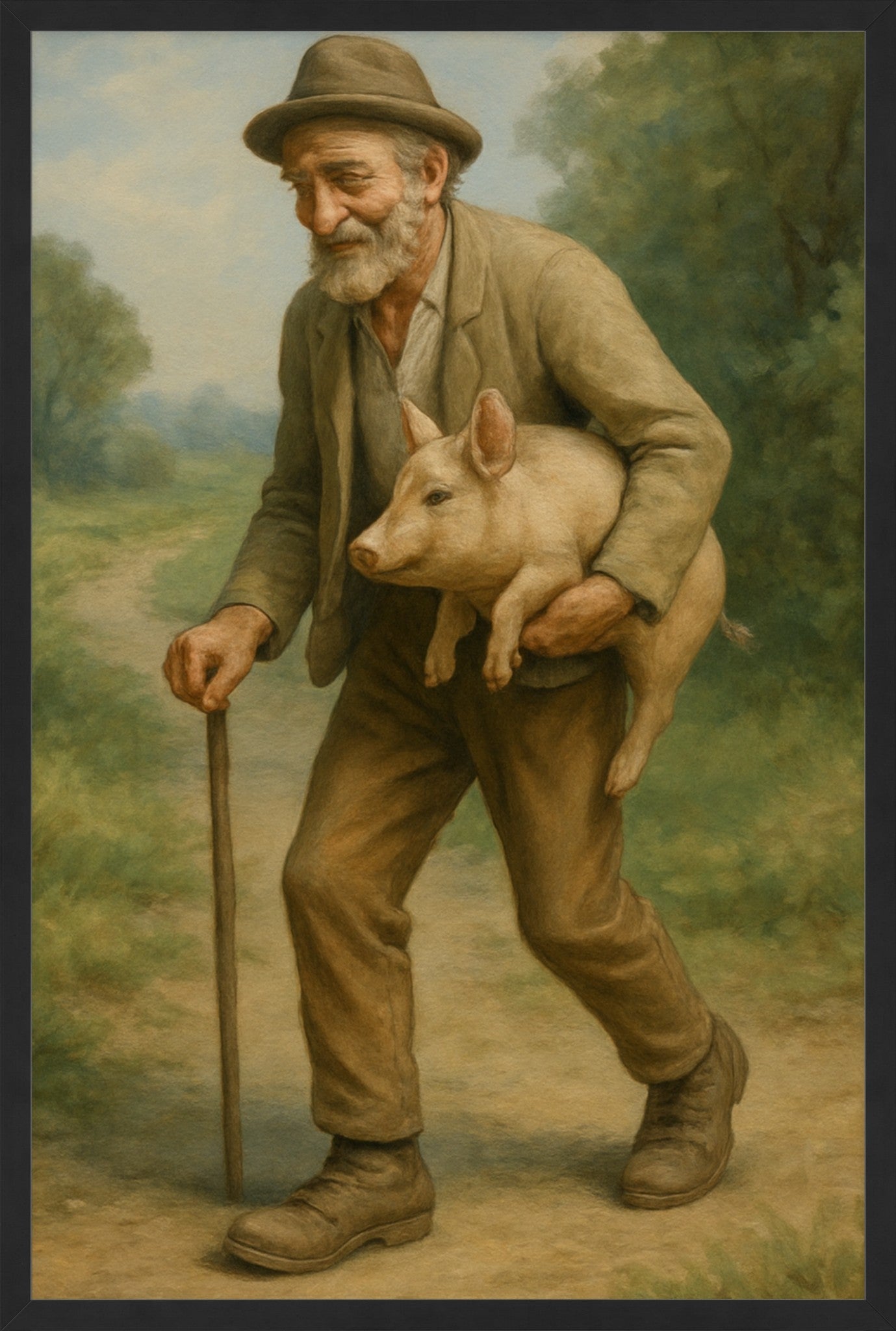 The Old Man and the Pig - Folk Art Painting