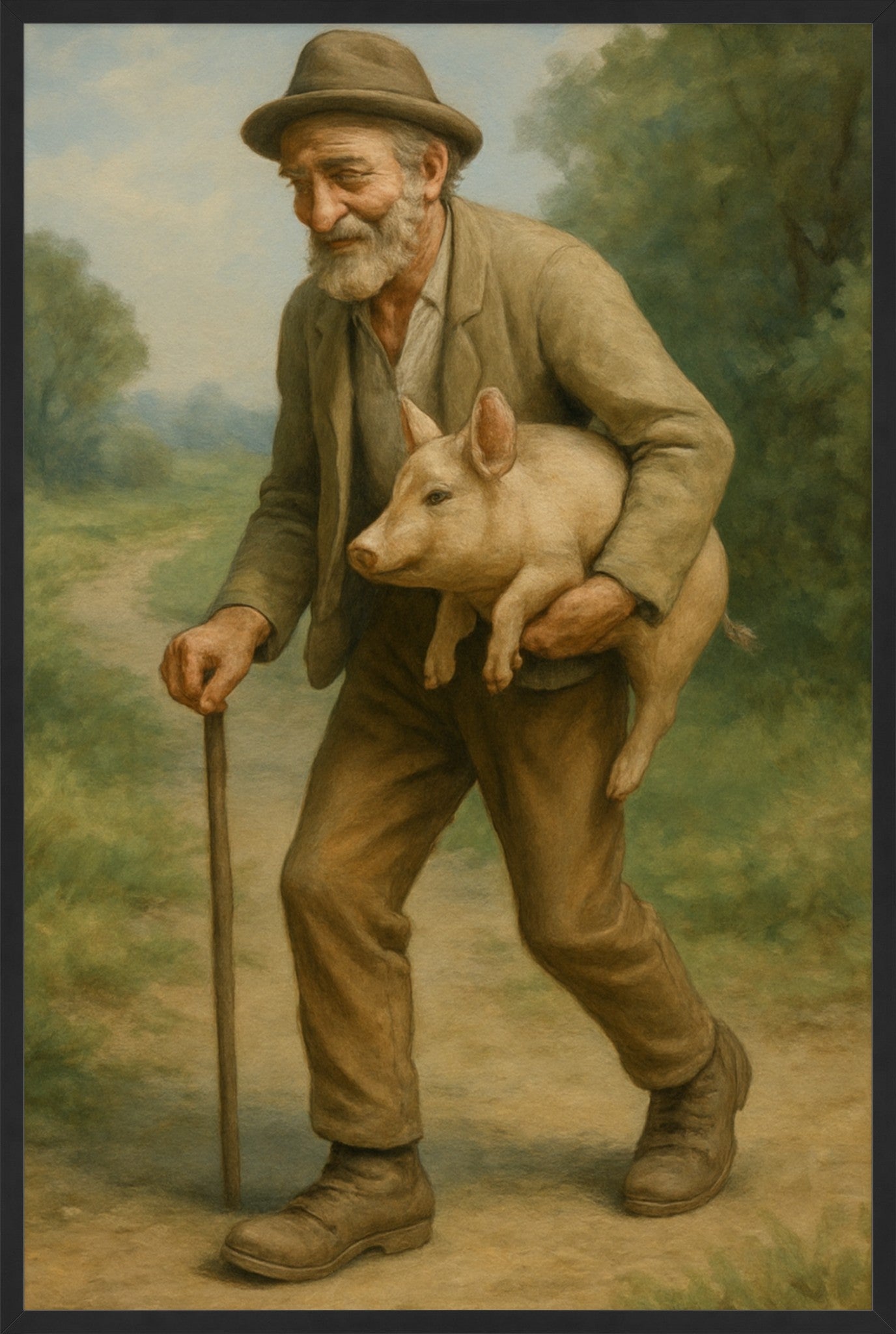 The Old Man and the Pig - Folk Art Painting