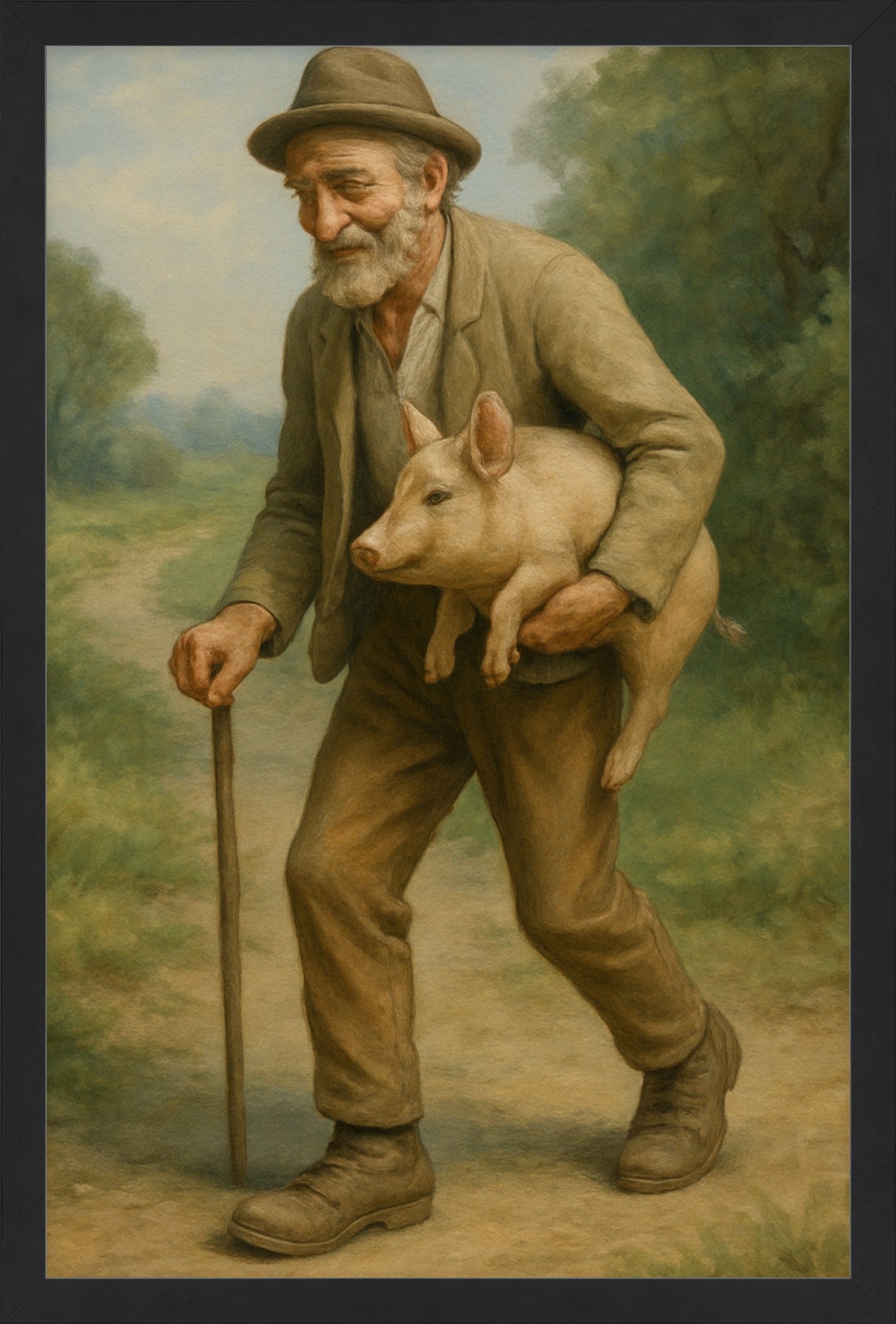 The Old Man and the Pig - Folk Art Painting